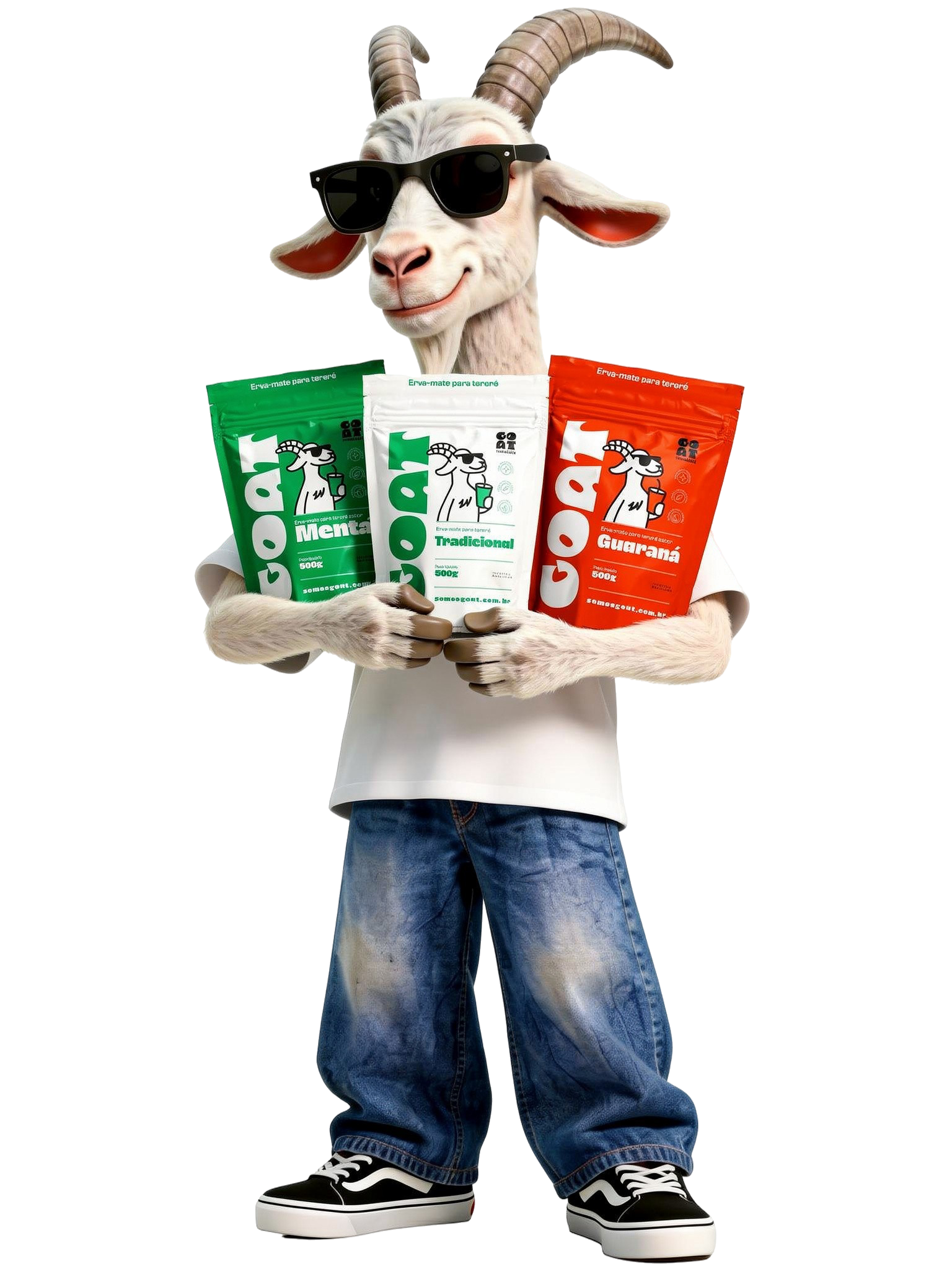 Mascote GOAT com a linha de produtos